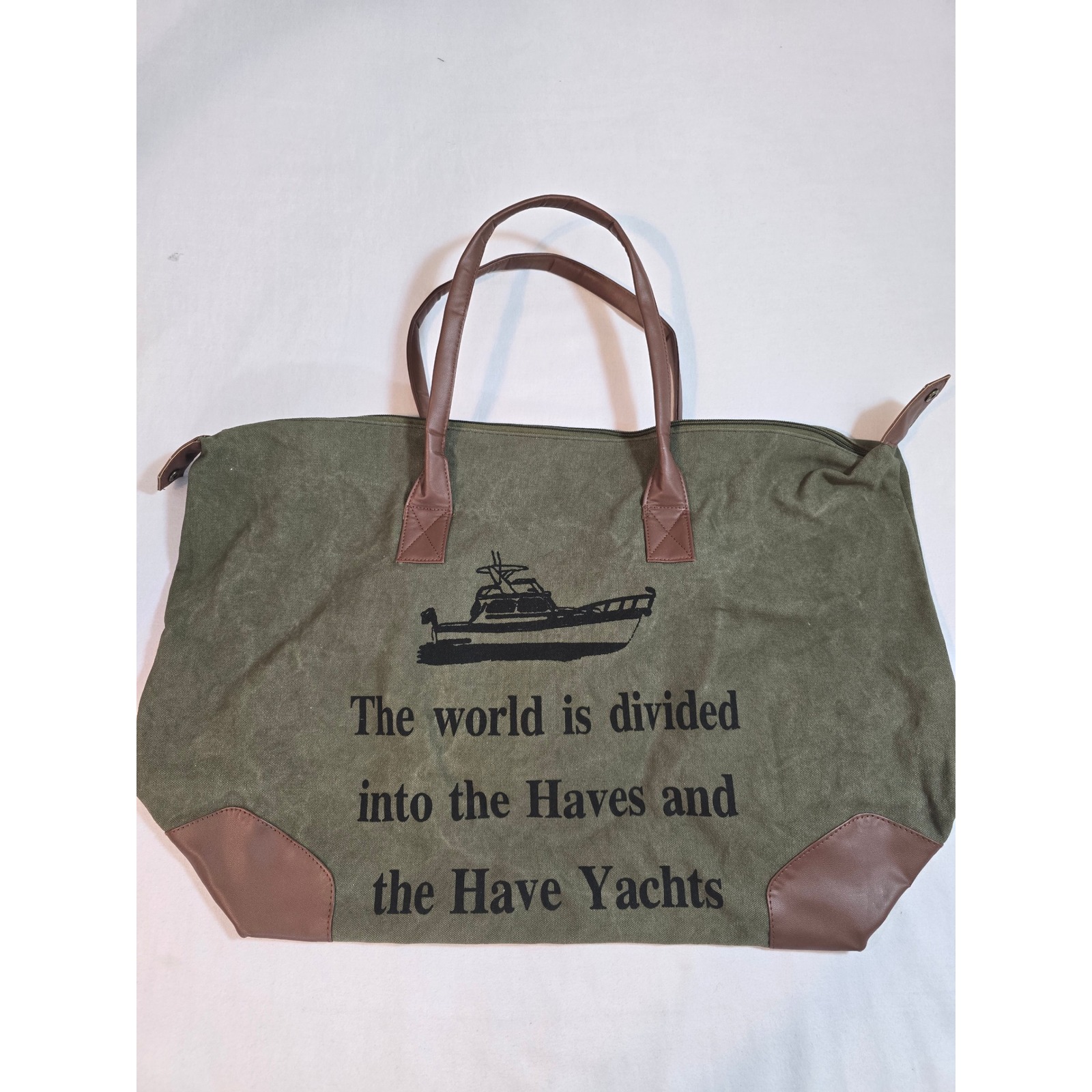 Raj Canvas Duffle Bag Olive Green "Haves And Have Yachts" Nautical Travel Tote